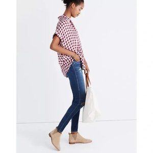 Madewell Central Shirt Gingham Check Red White Short Sleeve Hi Lo Hem Medium